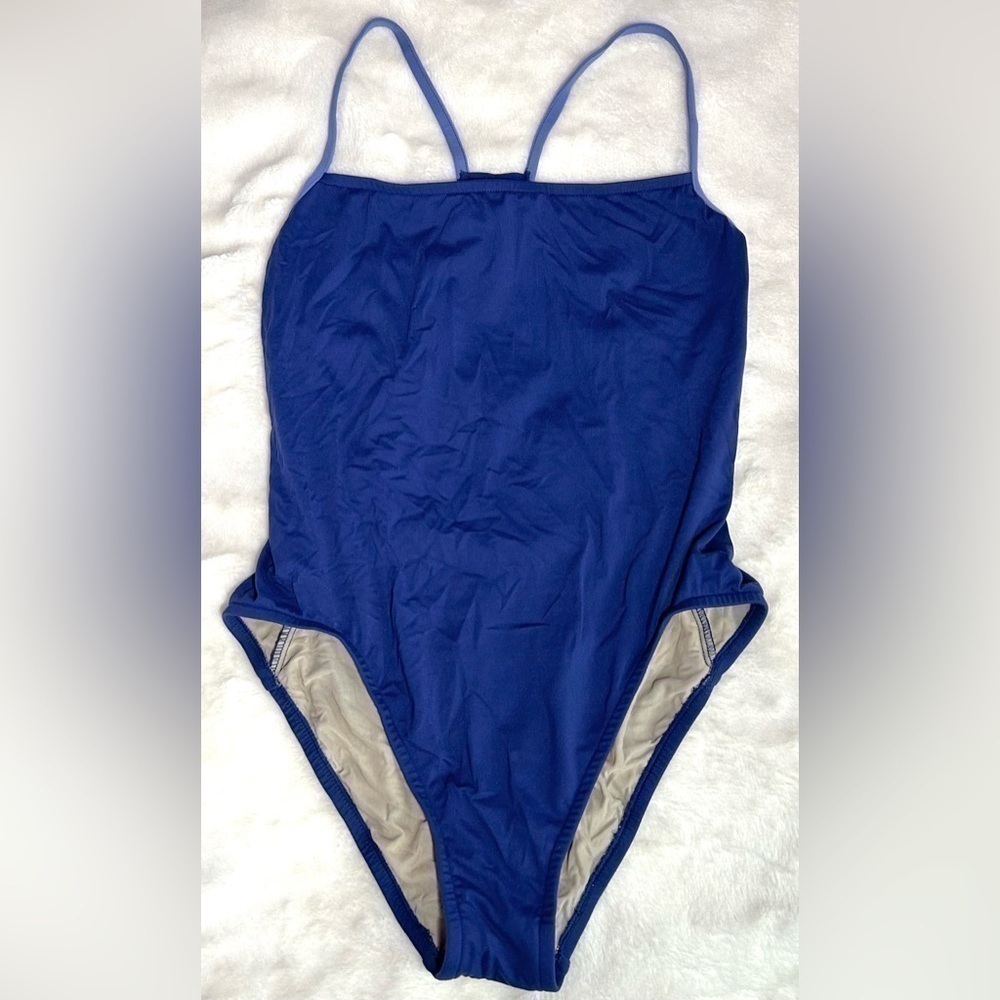 J Crew Women's One Piece Blue Stretch Swimsuit‎ Bathing Suit size L No Padding